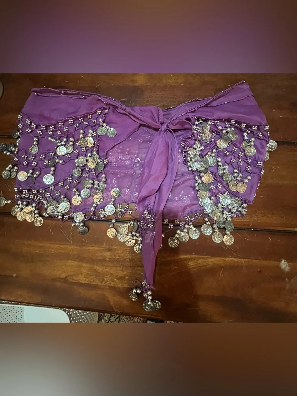 Purple Chiffon Belly Dance Hip Scarf Wrap Belt with Shimmering Silver Coins